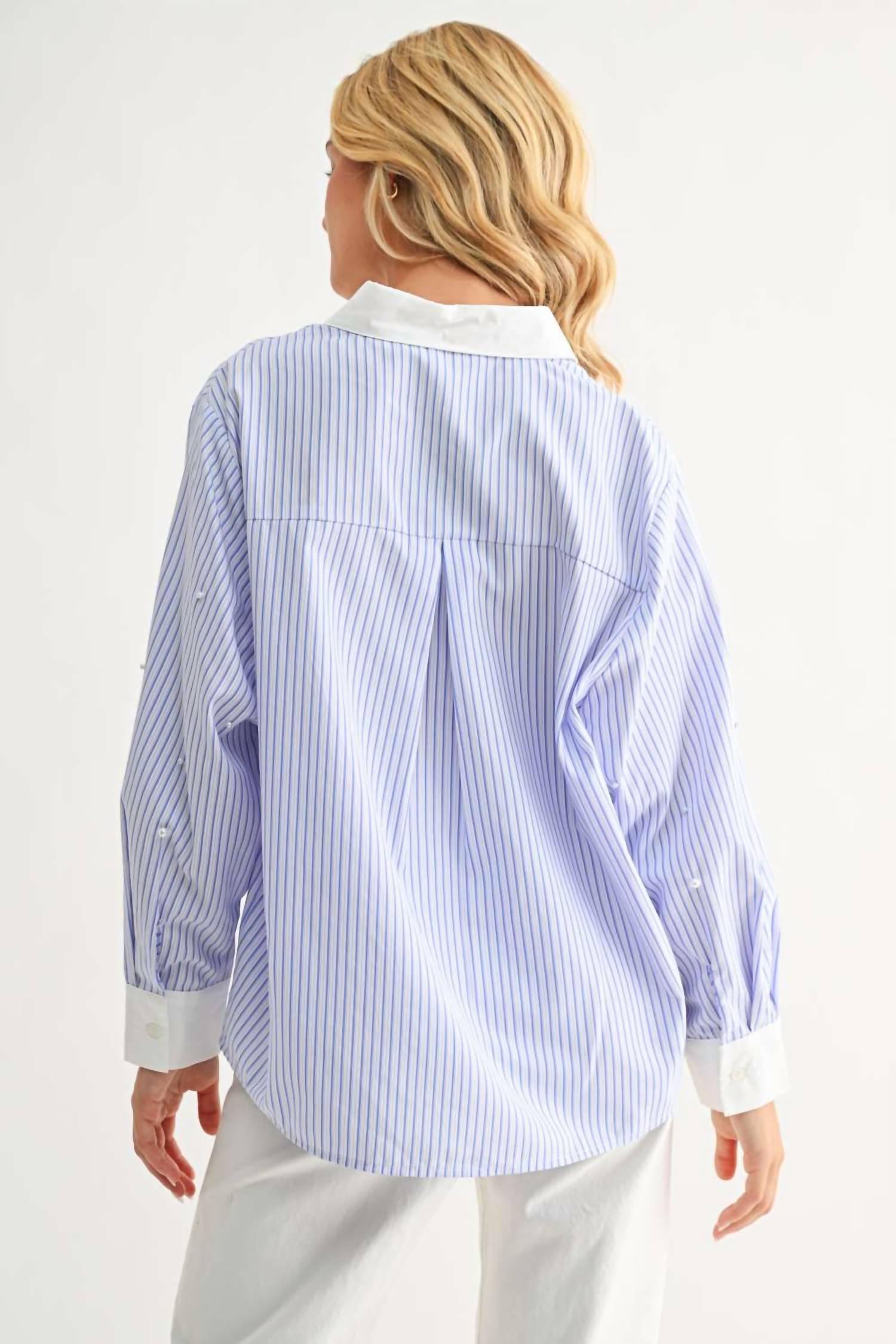 Joh Jullian Top with Pearls in blue - women's long sleeve top - detail view