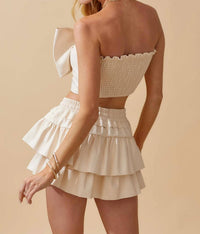Day + Moon - Faux Leather Strapless Bow Tie Crop Top