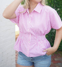 Anniewear - Striped Smocked Waist Dolman Sleeve Top