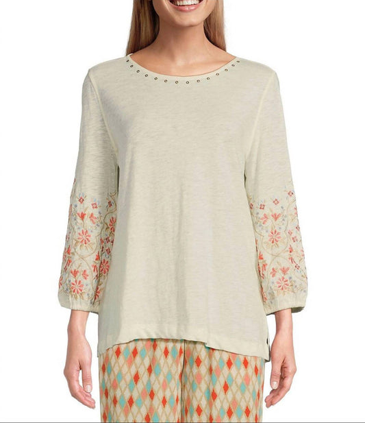 Multiples - 3/4 Sleeve Scoop Neck Top with Embroidery