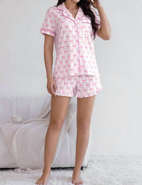 La Society - Bowknot Print Short Sleeve And Shorts Pajama Set