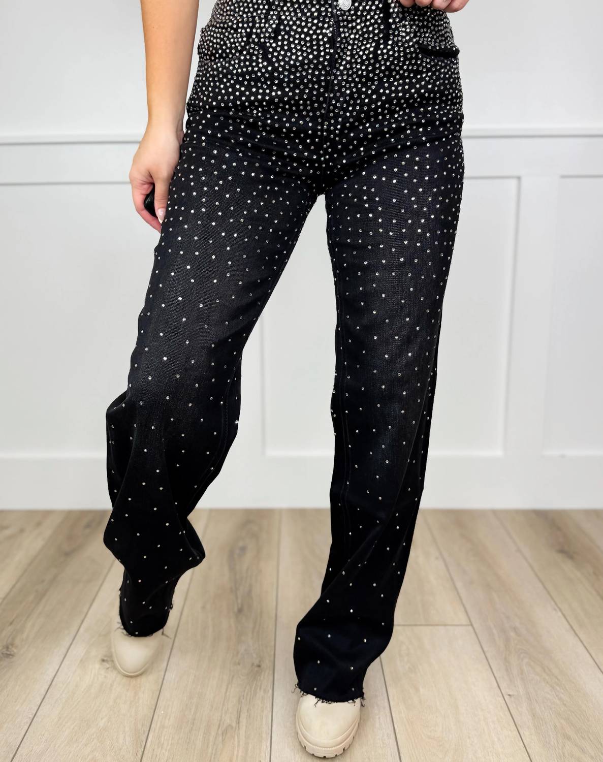 Flying Monkey - Emmy High-rise Slim Wide Rhinestone Jeans