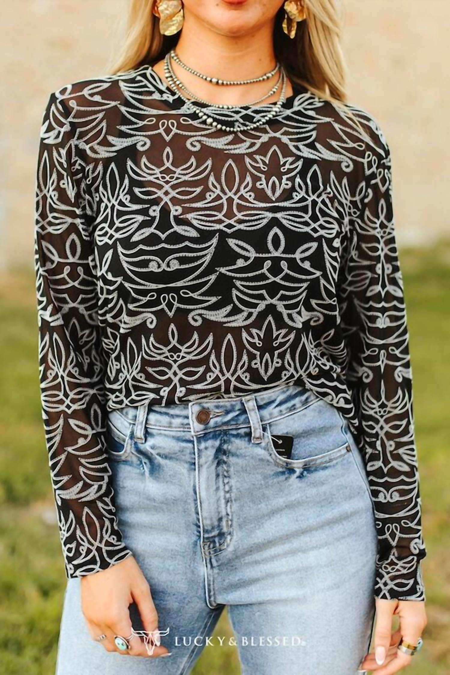 Lucky & Blessed - Boot stitch mesh long sleeve top