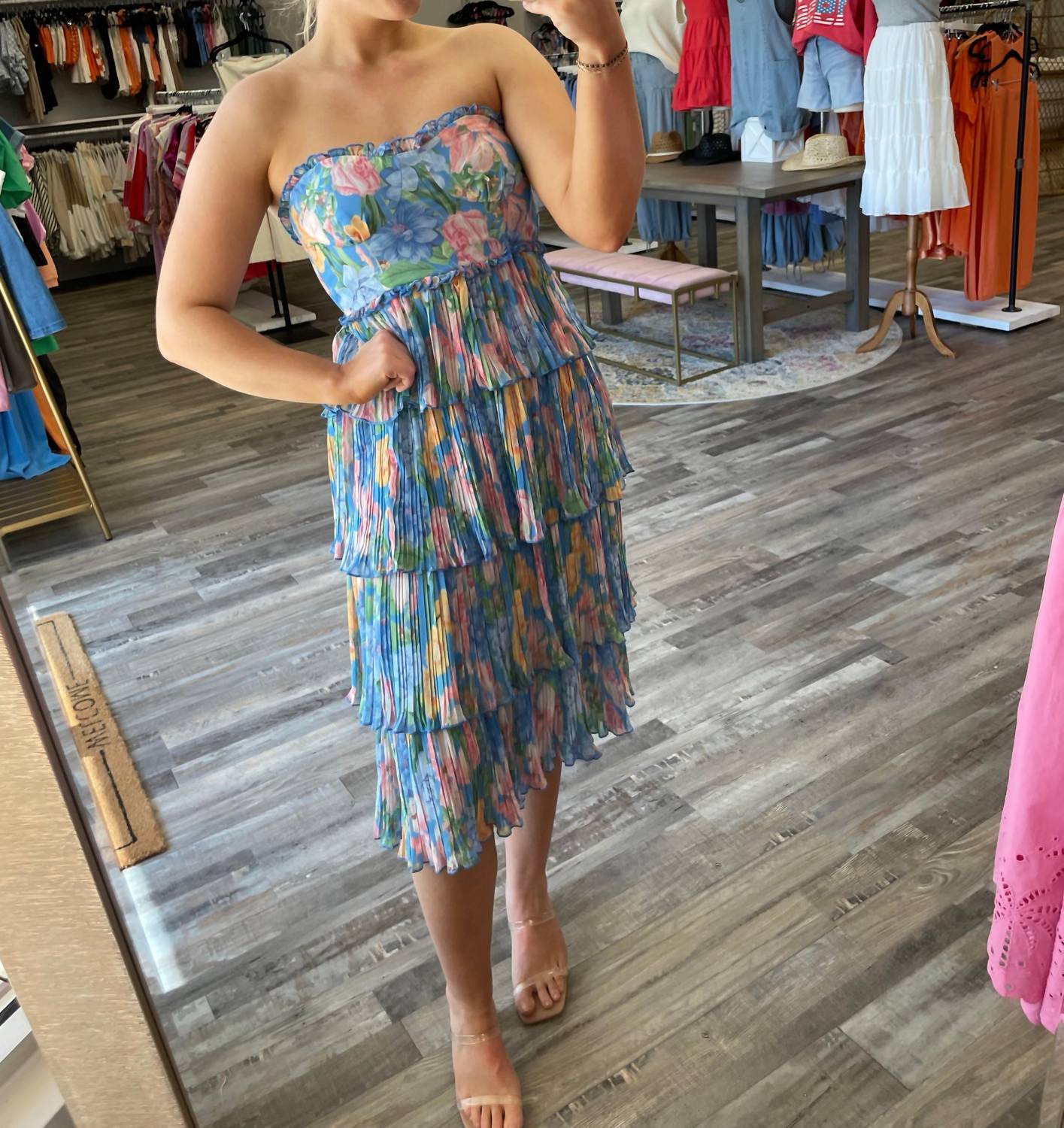 Olivaceous - Pleated Strapless Floral Dress