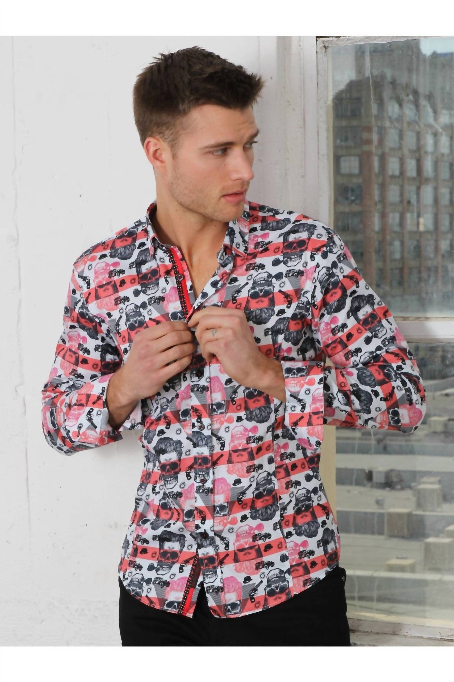 Eight X - Skull Design Print Button Down Shirt With Trim