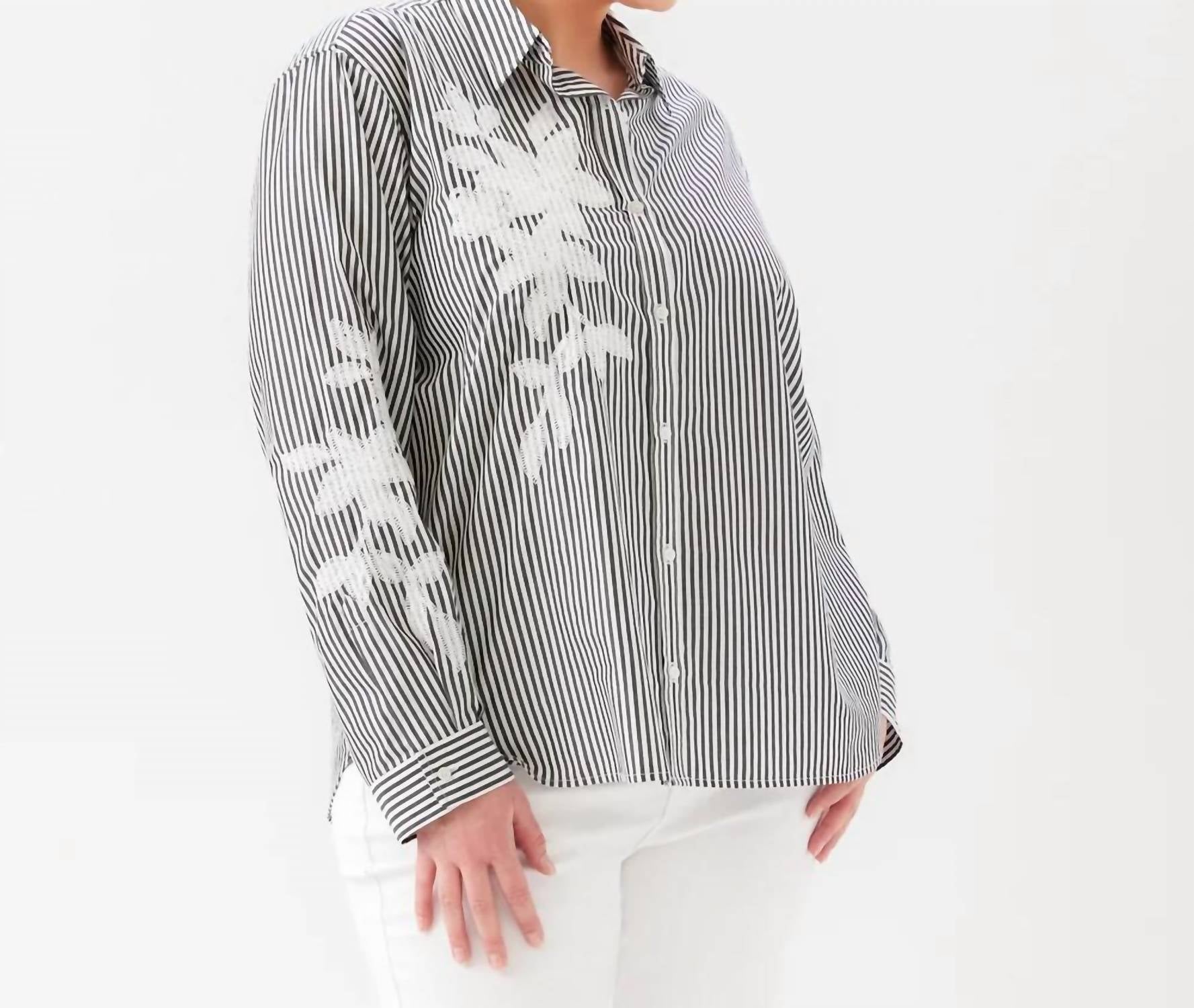Karen Kane - Long Sleeve Stripe Embroidered Shirt - Plus Size