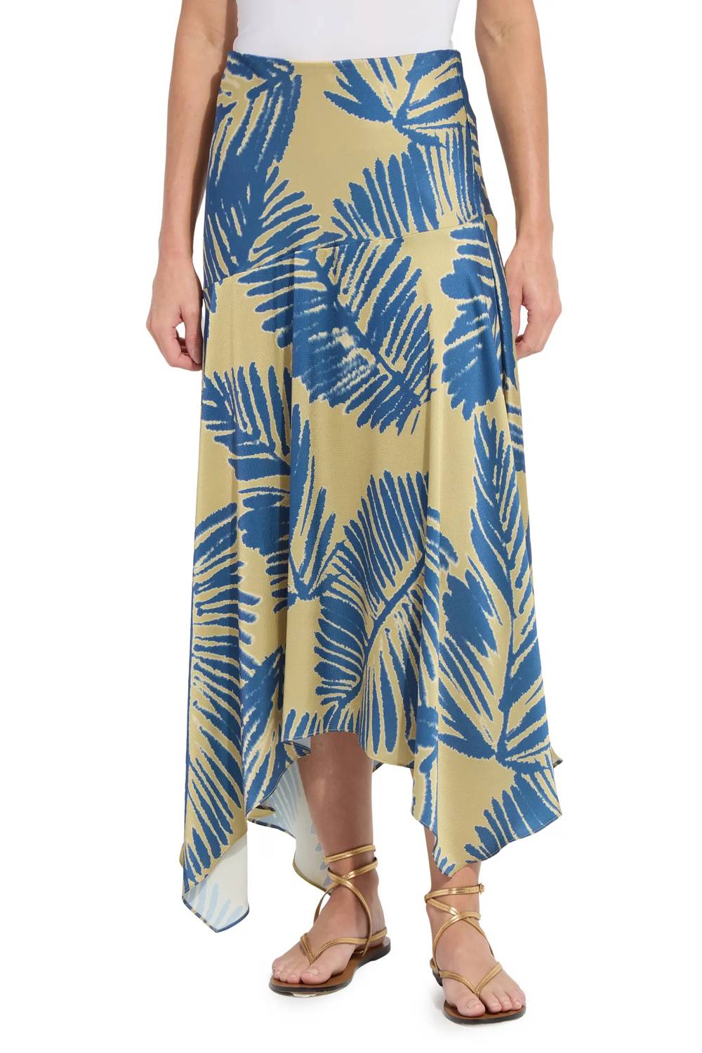 Lysse - Catriona Leaf Print Handkerchief Hem Hammered Satin Skirt