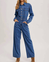 Bluivy - Button Down Denim Straight Leg Jumpsuit
