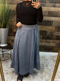 In February - Washed Denim Favorite Flair Midi Skirt With Contrast Stitch