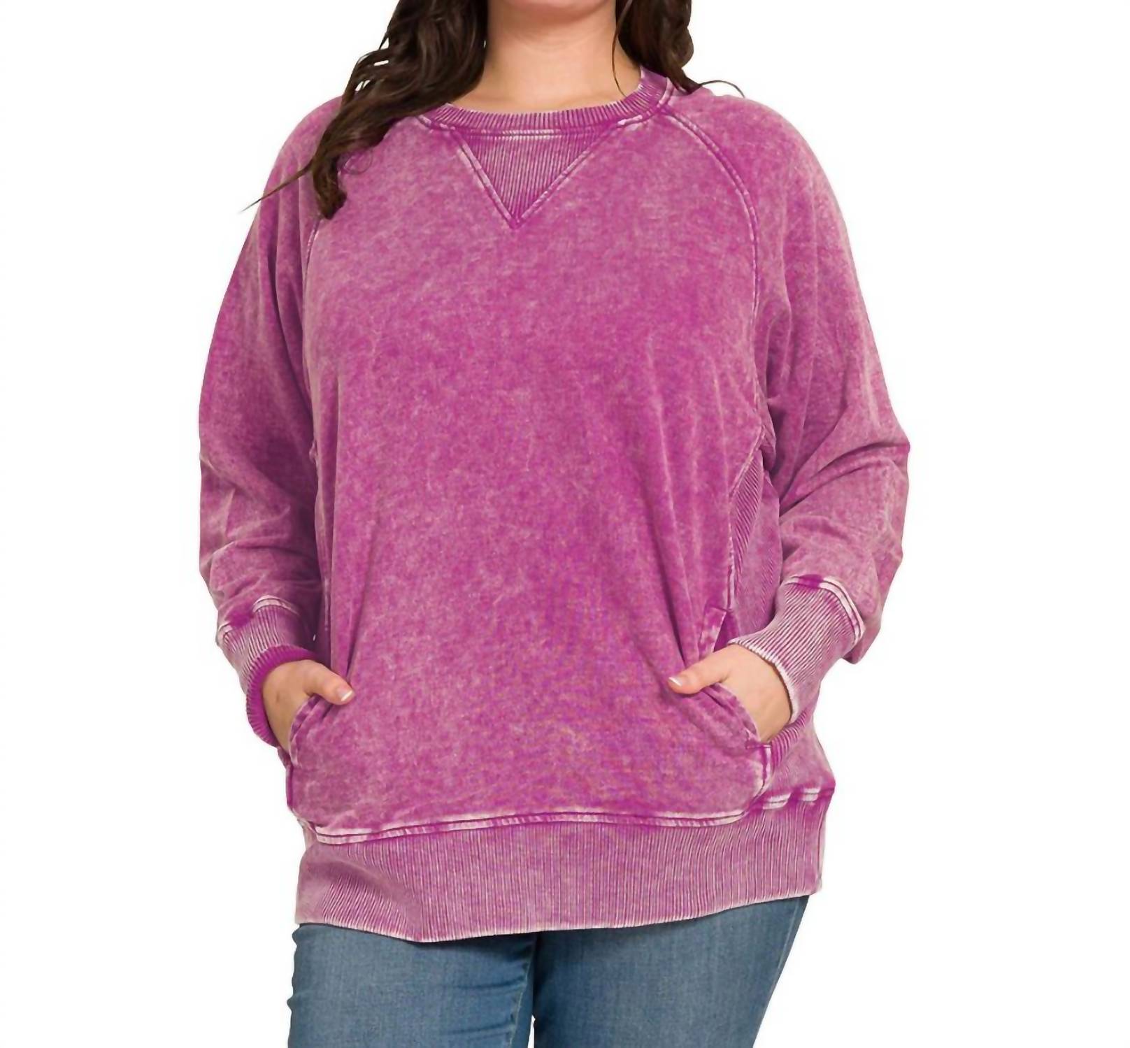 Zenana - Acid Washed French Terry Pullover Top - Plus