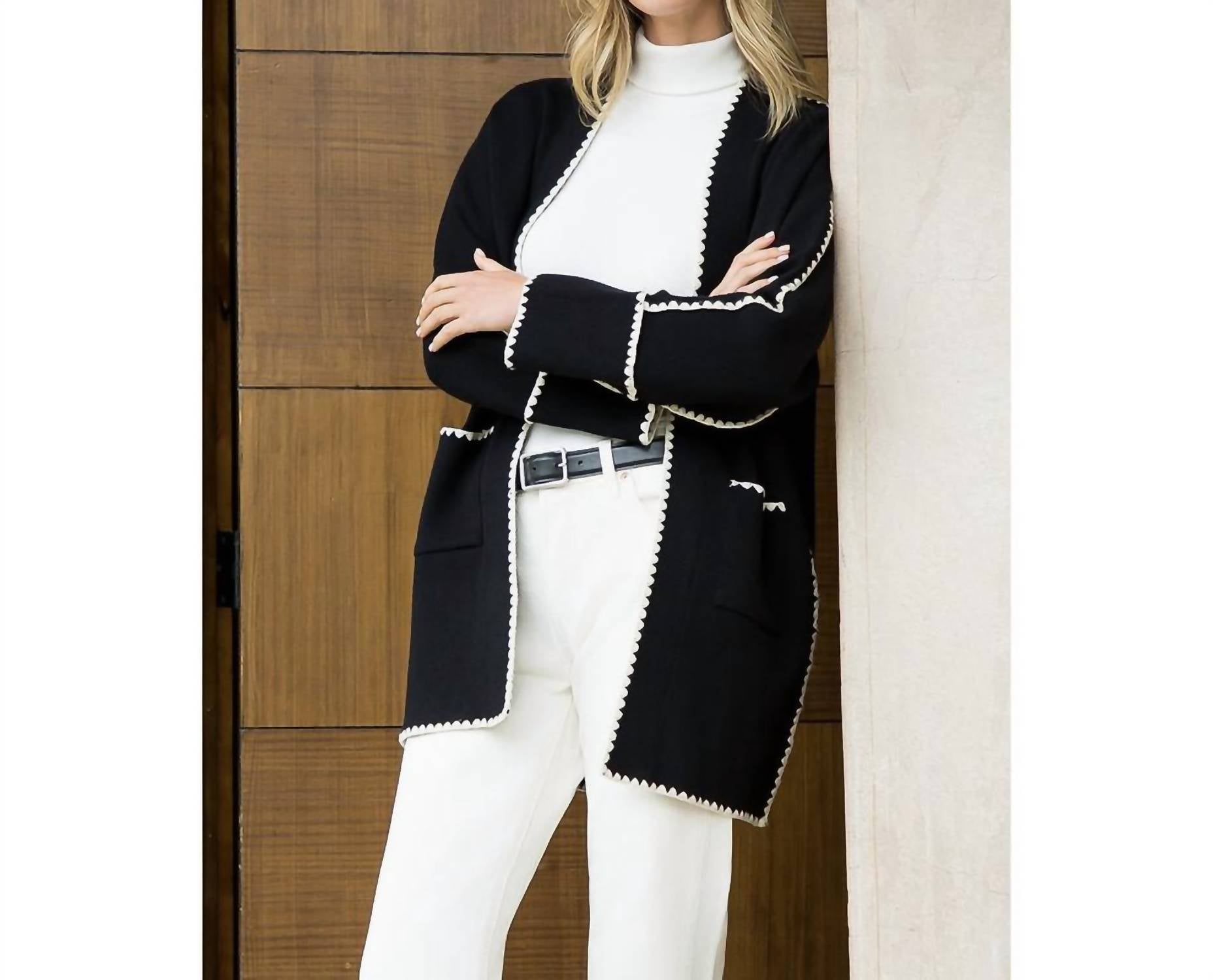 THML Whipstitch Long Sleeve Midi Cardigan in black - women's cardigan - alternate view