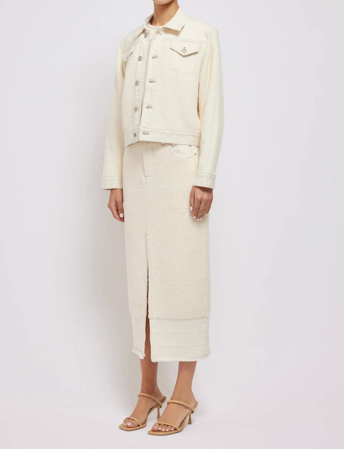 SIMKHAI Baylin Denim-paneled Bouclé-knit Jacket in ivory - women's jacket - detail view
