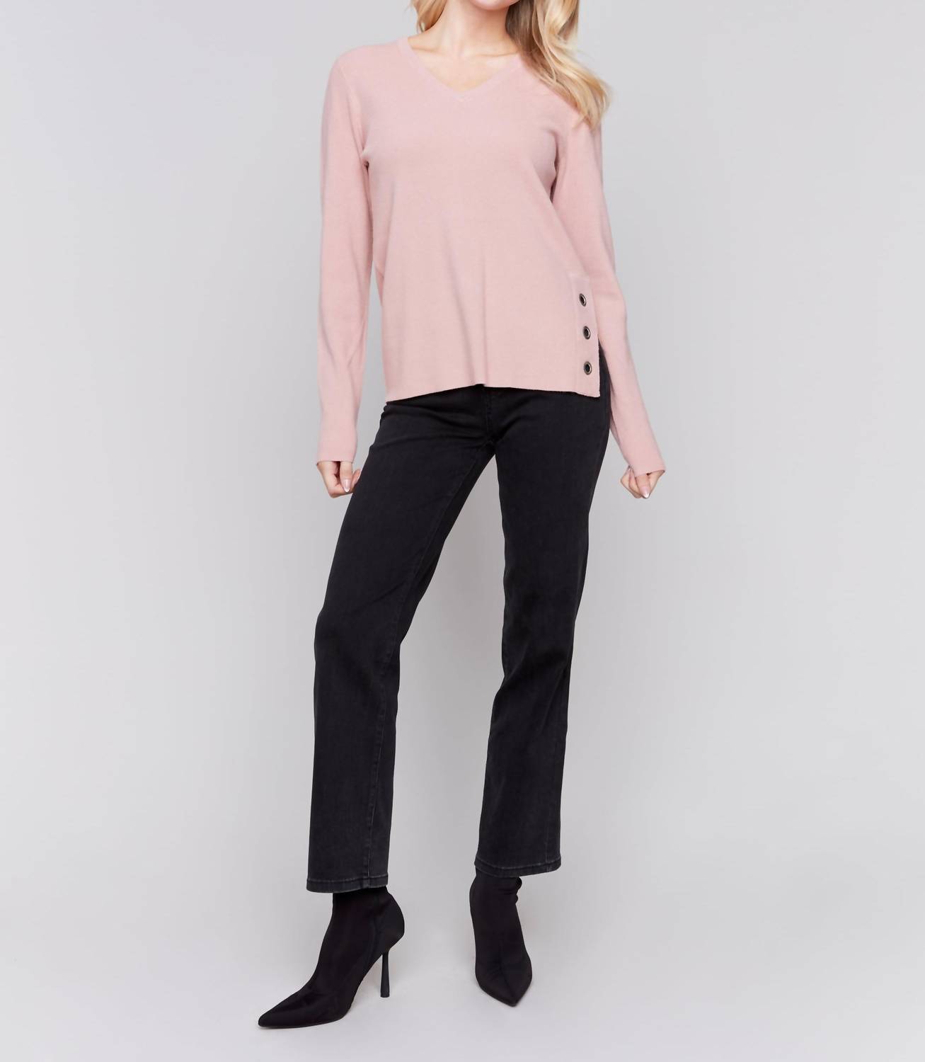 Charlie B - Plushy Knit V-neck Sweater With Grommet Detail