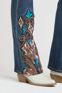 Grace In La - WESTERN EMBROIDERY HEM DETAIL FLARE JEANS