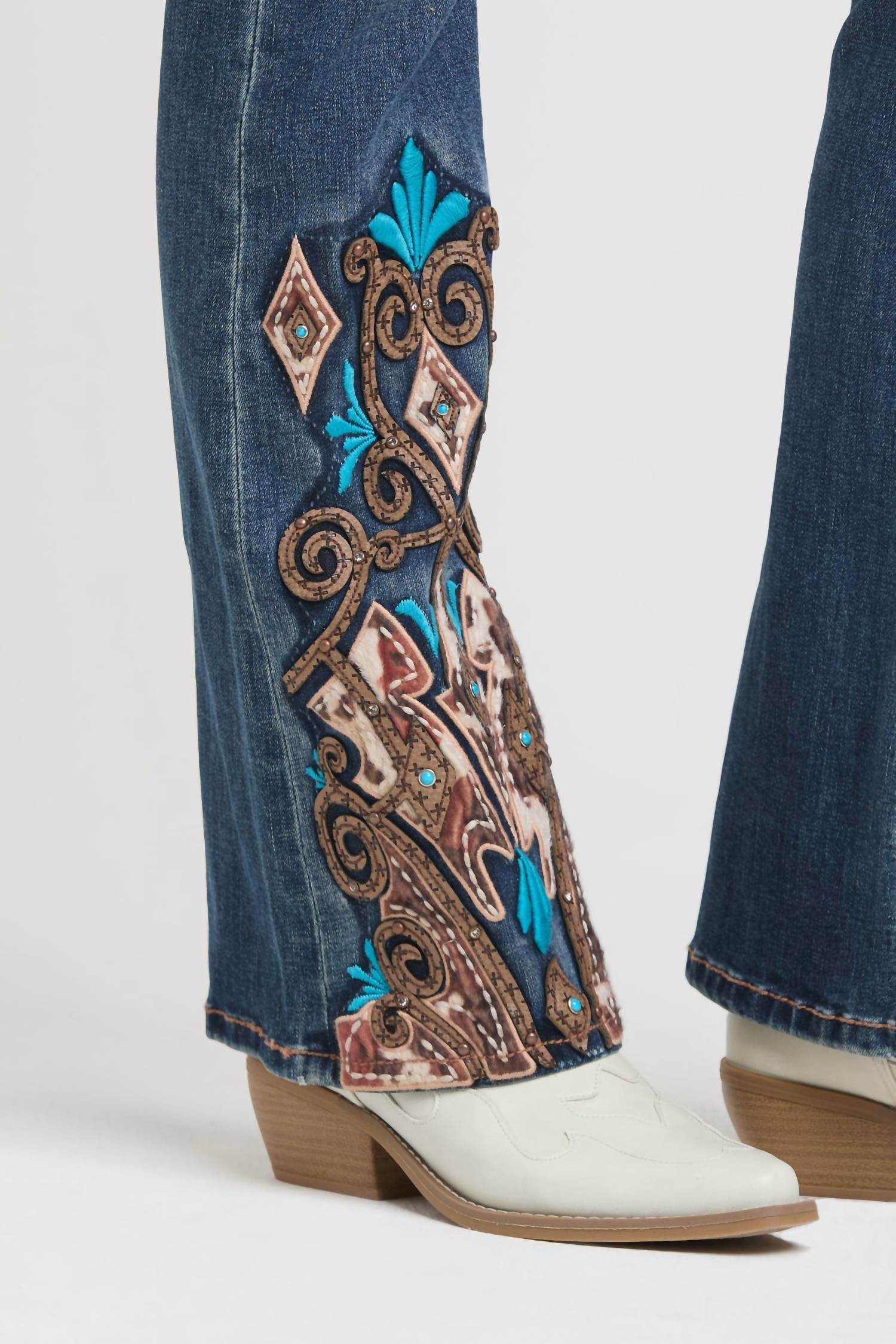 Grace In La - WESTERN EMBROIDERY HEM DETAIL FLARE JEANS
