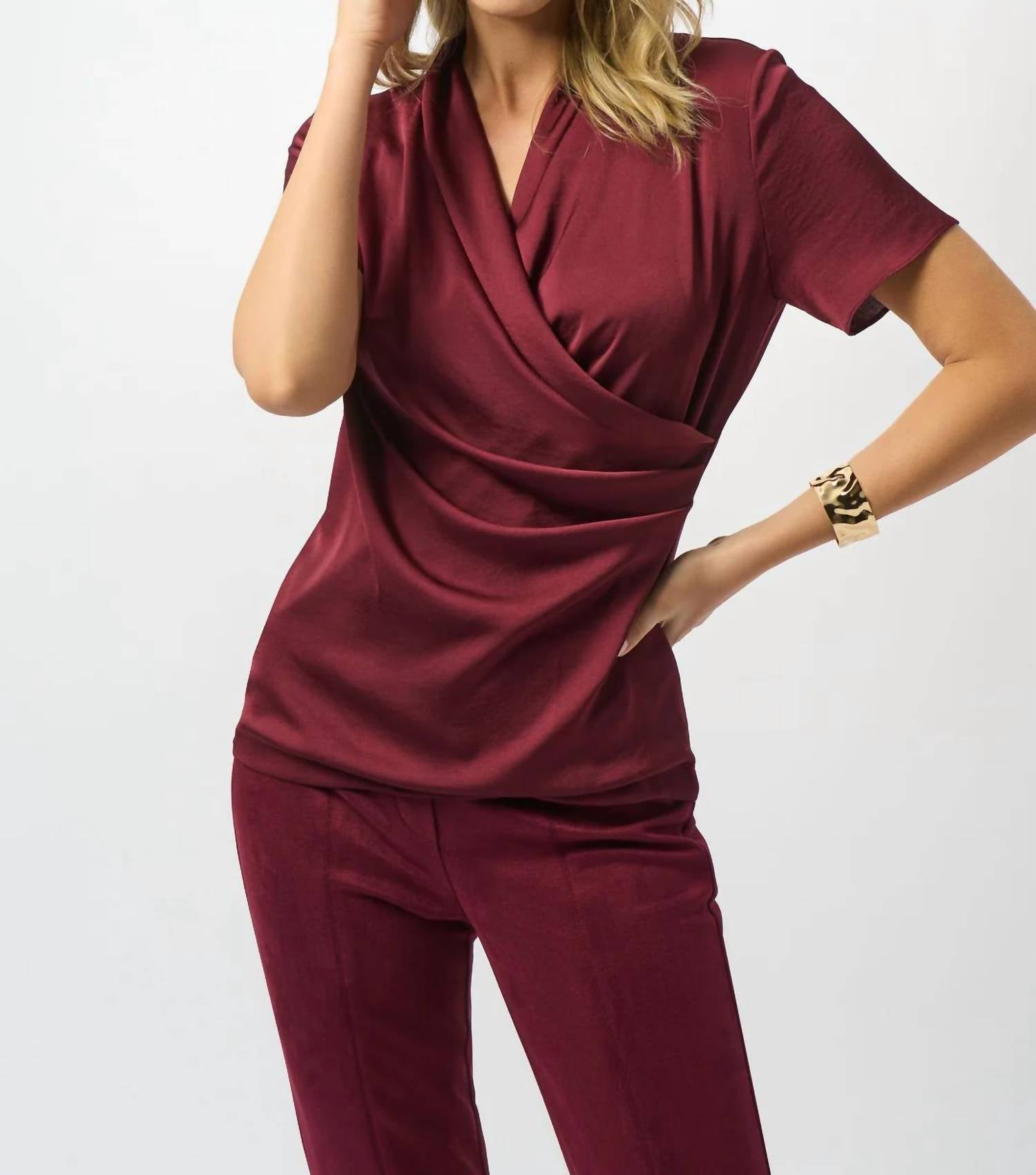 Joseph Ribkoff - Faux Wrap Short Sleeve Satin Knit Top