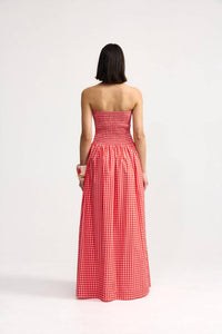 Aston Studio Layla Strapless Maxi Dress in ruby gingham - women's dress - detail view