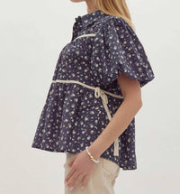Entro - Floral Bubble Sleeve Bow Top