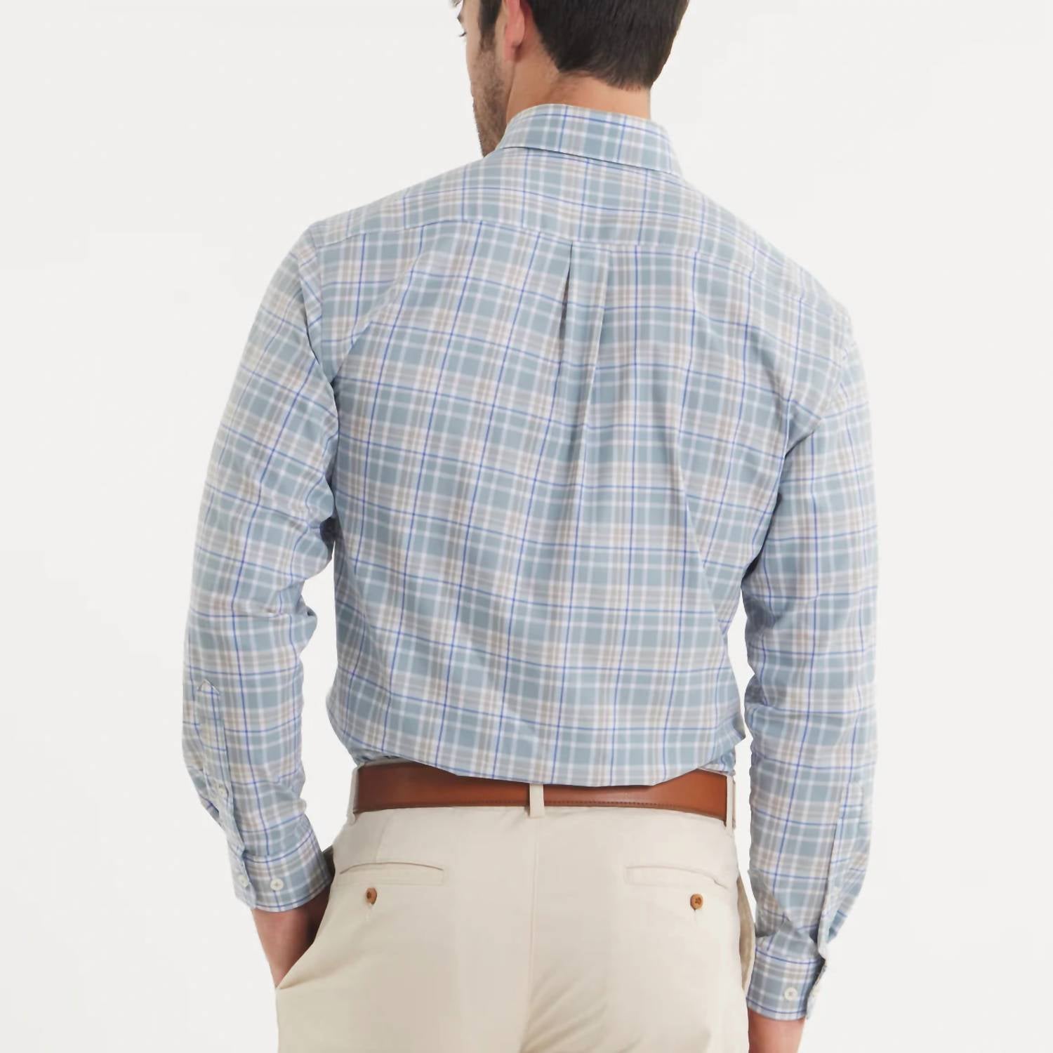 Southern Marsh Grainger Performance Plaid Dress Shirt in sage burnt taupe - men's shirt - detail view