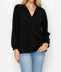 Joh long sleeve suede top in black - women's blouse