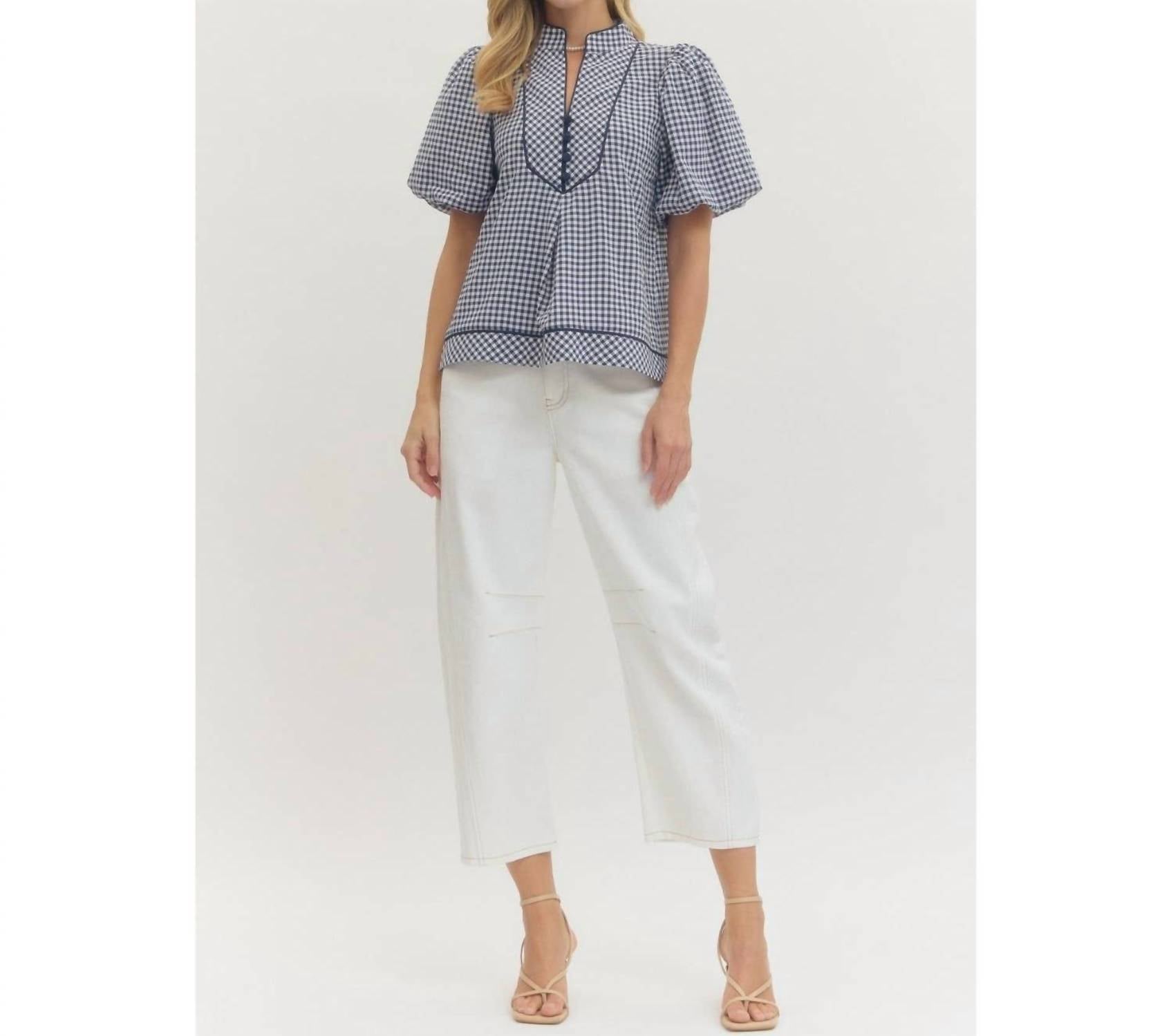 Style Usa - Cambridge Gingham Puff Sleeve Blouse