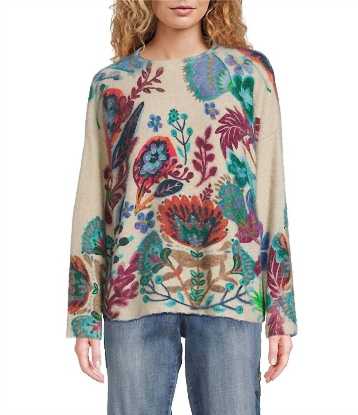 Tru Luxe - Botanical Print Eyelash Funnel Neck Long Sleeve Sweater