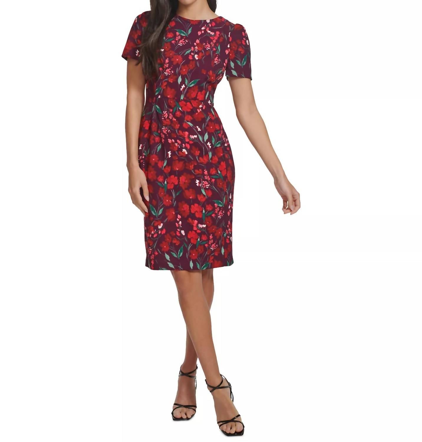 CALVIN KLEIN Floral Short-sleeve Sheath Dress in burgundy - women's dress