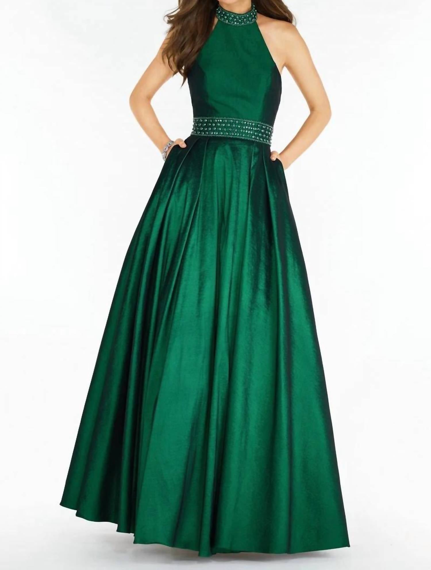 ALYCE PARIS Stretch Taffeta Embellished Collared Halter Gown in emerald - women's dress