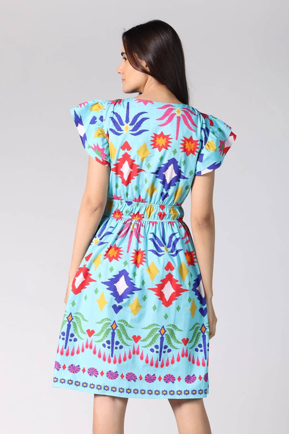 maude vivante Arianna V-neck Dress in aqua ikat - women's dress - detail view