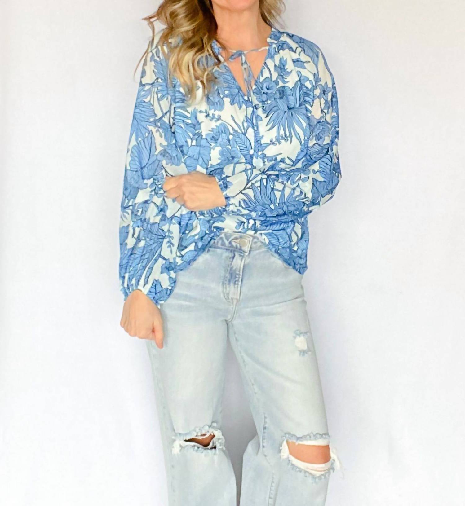 Fate Tropical Print Voile Tie Top in blue - women's blouse