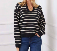 Karen Kane Stripe Polo Sweater in black with ecru - women's sweater - view 4