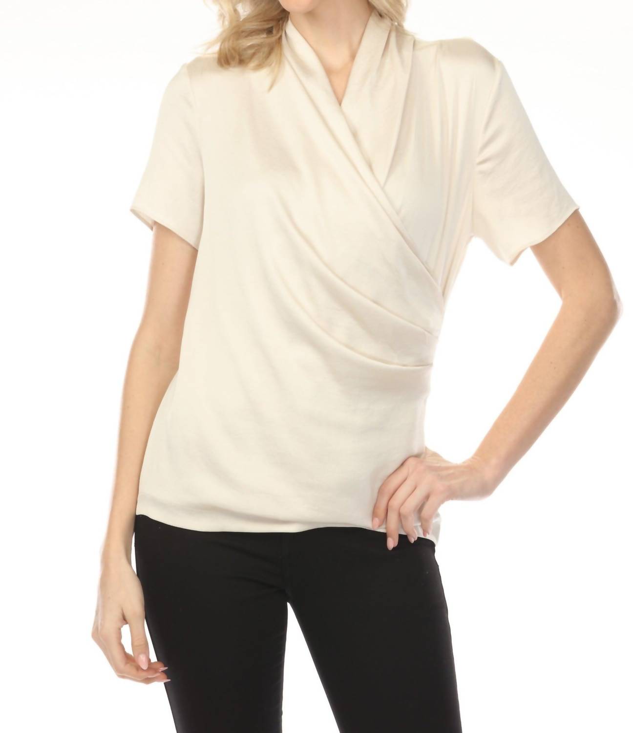 Joseph Ribkoff - Faux Wrap Short Sleeve Satin Knit Top