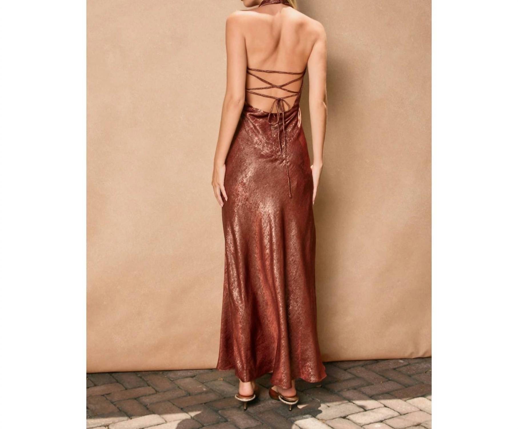 DRESS FORUM Marcelline Satin Maxi Dress in sunset gold - women's dress - detail view