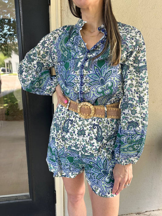 Sundayup - Stacy Printed Long Sleeve And Shorts With Belt Set