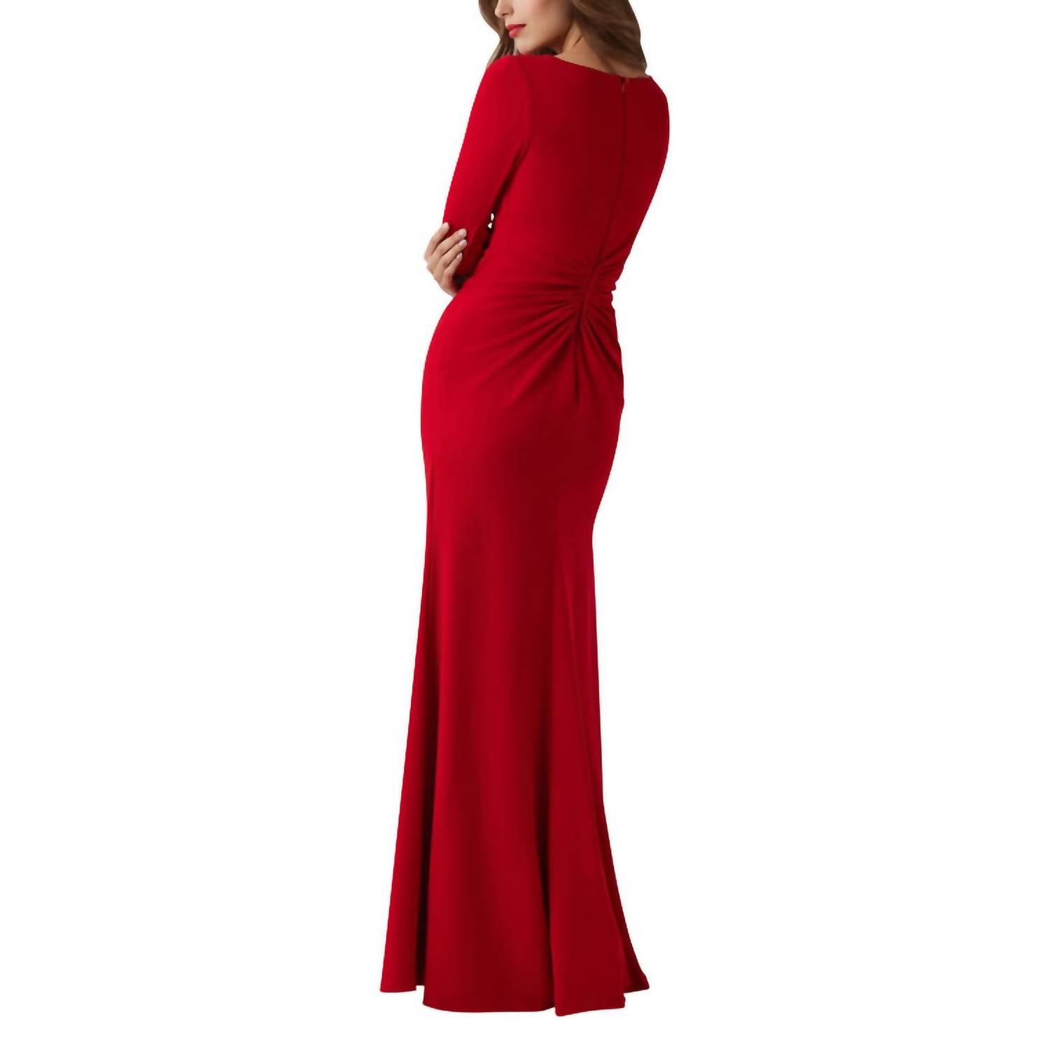 Teri Jon Long Sleeve Ruched Gown in red - women's dress - detail view