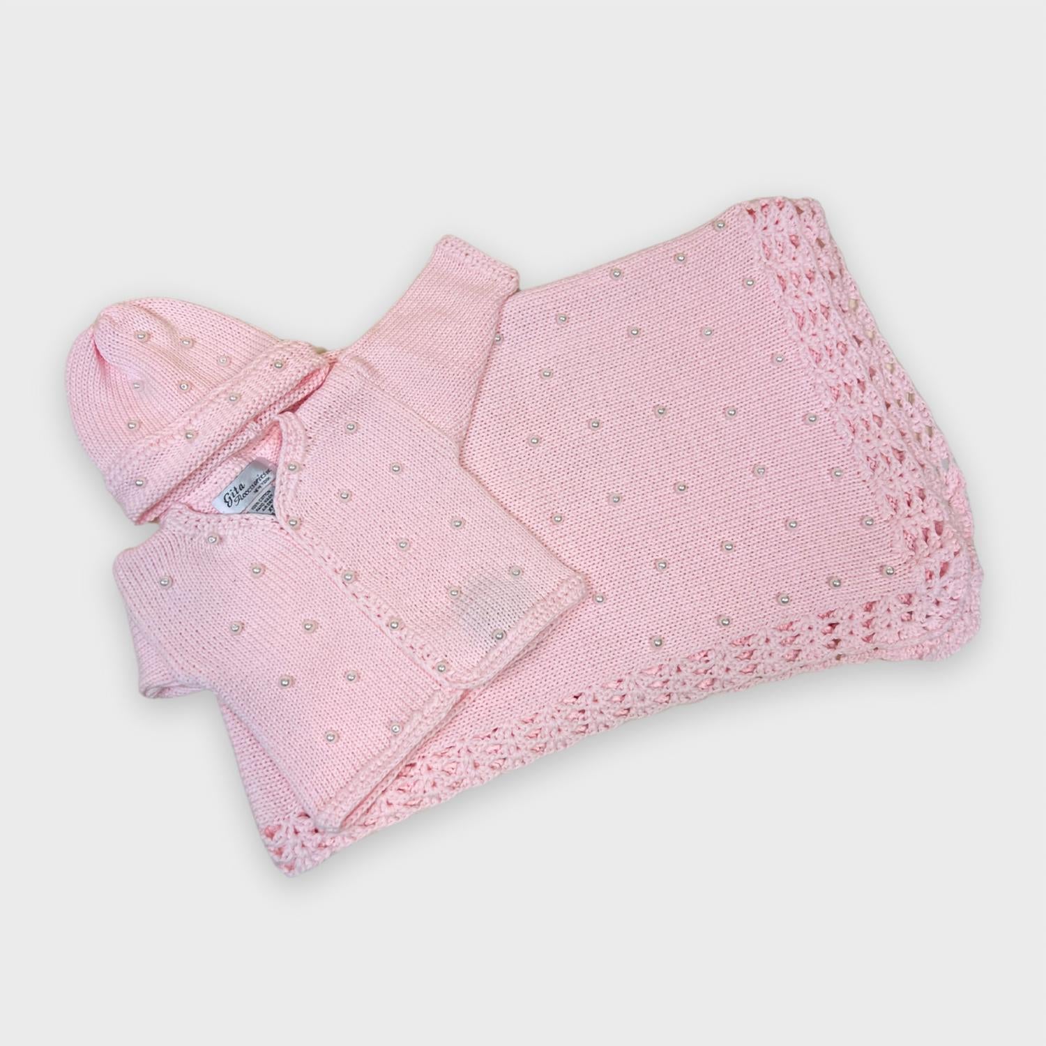 Gita - Girl's 2pc Pink Cotton Sweater With Pearls & Hat