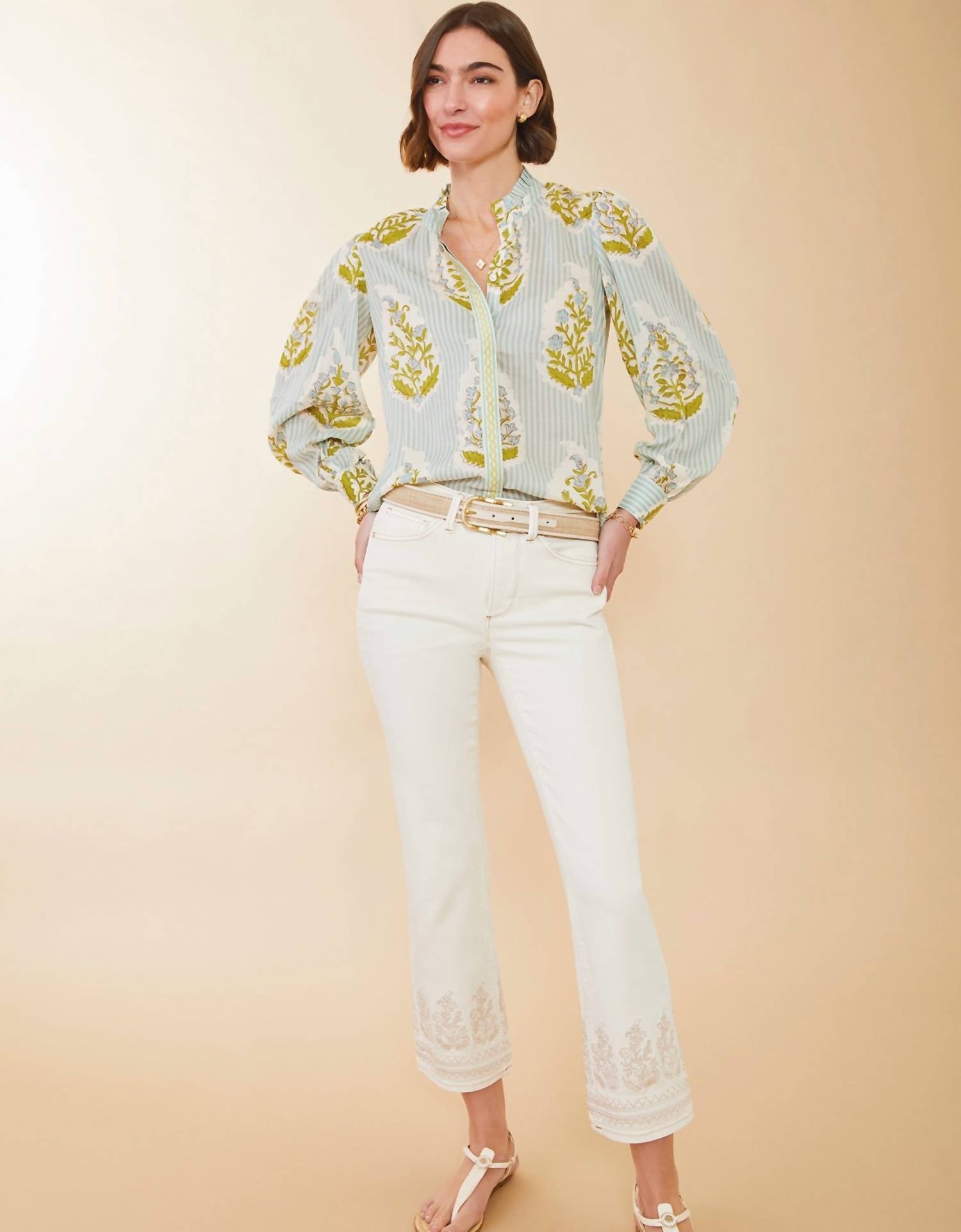 Spartina 449 - Laurita Blouse Richmond Hill Stripe Floral Motif Surf