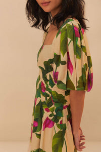 FARM RIO Short Puff Sleeve Mini Dress in anthurium leaves sand - women's dress - view 4