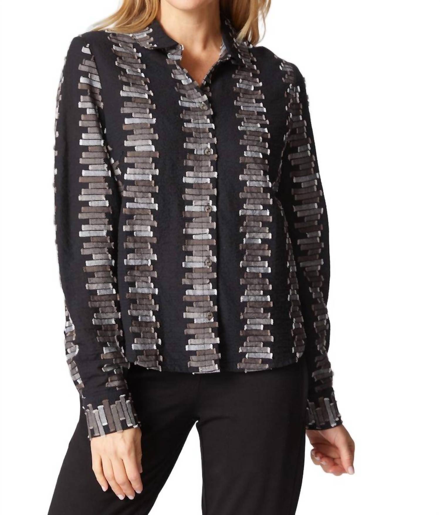 habitat Embroidered Cotton Shaped Hem Shirt Top in black - women's long sleeve top