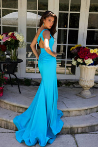 Ava Presley One Shoulder Slit Evening Gown in turquoise - women's dress - alternate view