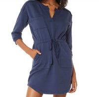 Bobi - Split Neck Three Quarter Sleeve Tie Waist Mini Dress