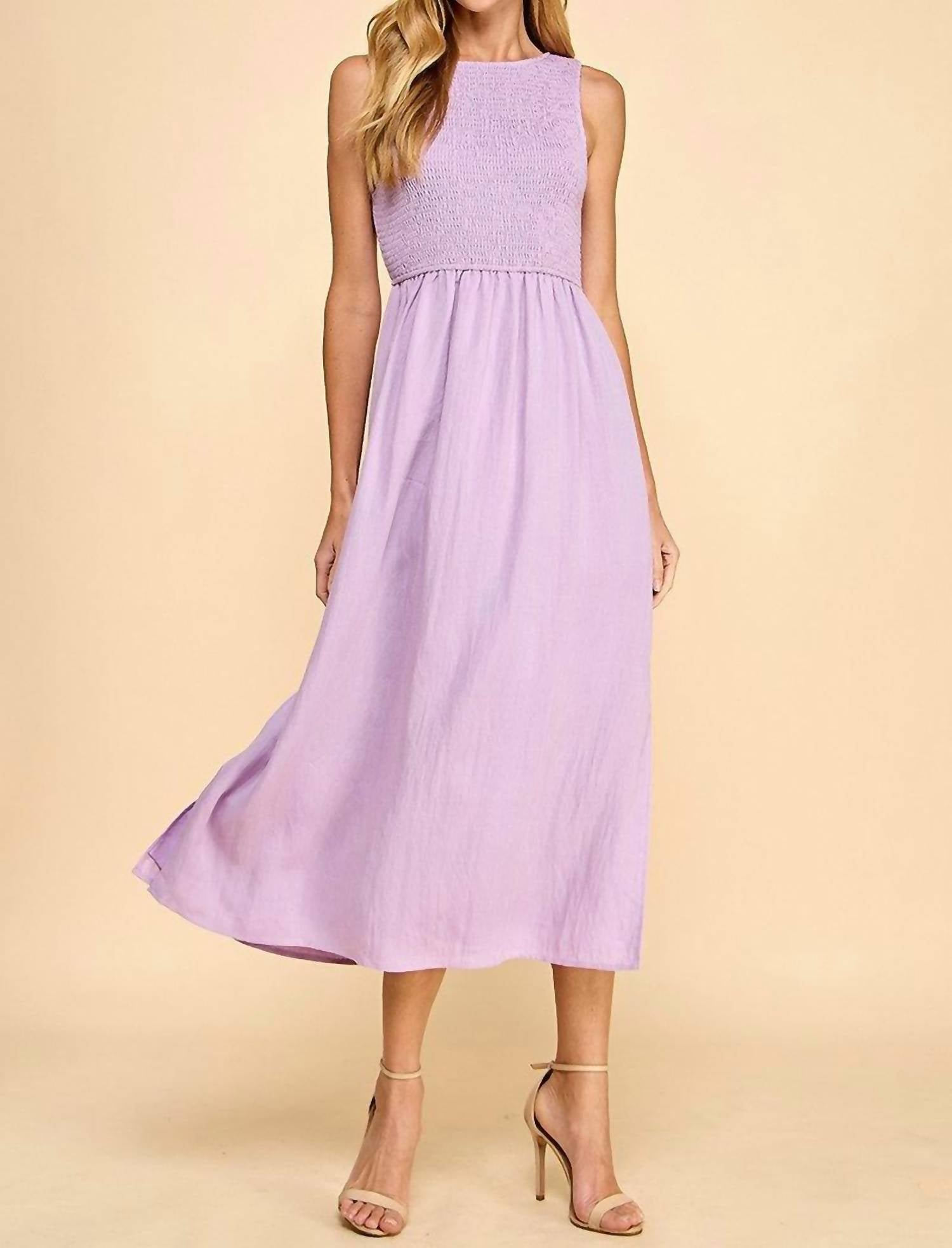TCEC Palmer Smocked Bodice Midi Dress in lavender - women's dress - detail view