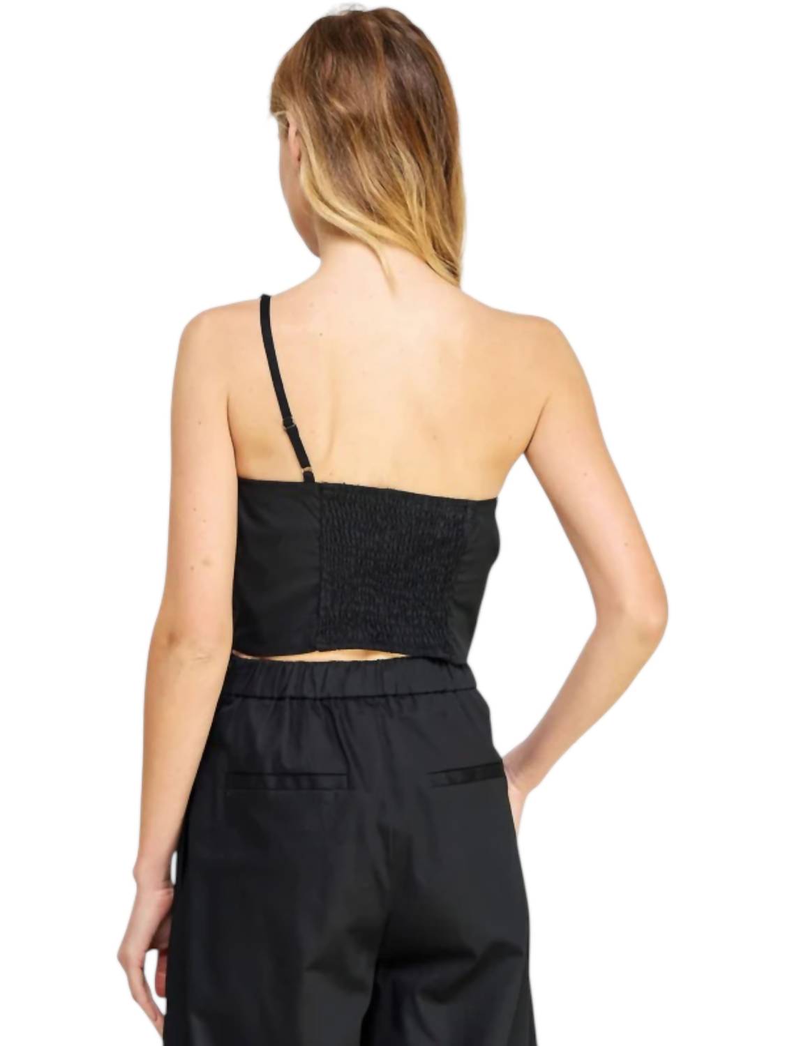Strut & Bolt - One-Shoulder Knotted Flower Bow Crop Top & Pleat Detail Wide Leg Twill Pants