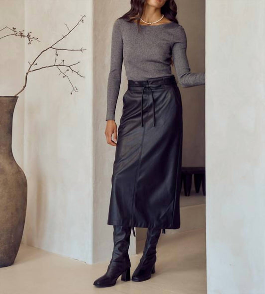 Lalavon - Great Escape Waist Tie Faux Leather Midi Skirt