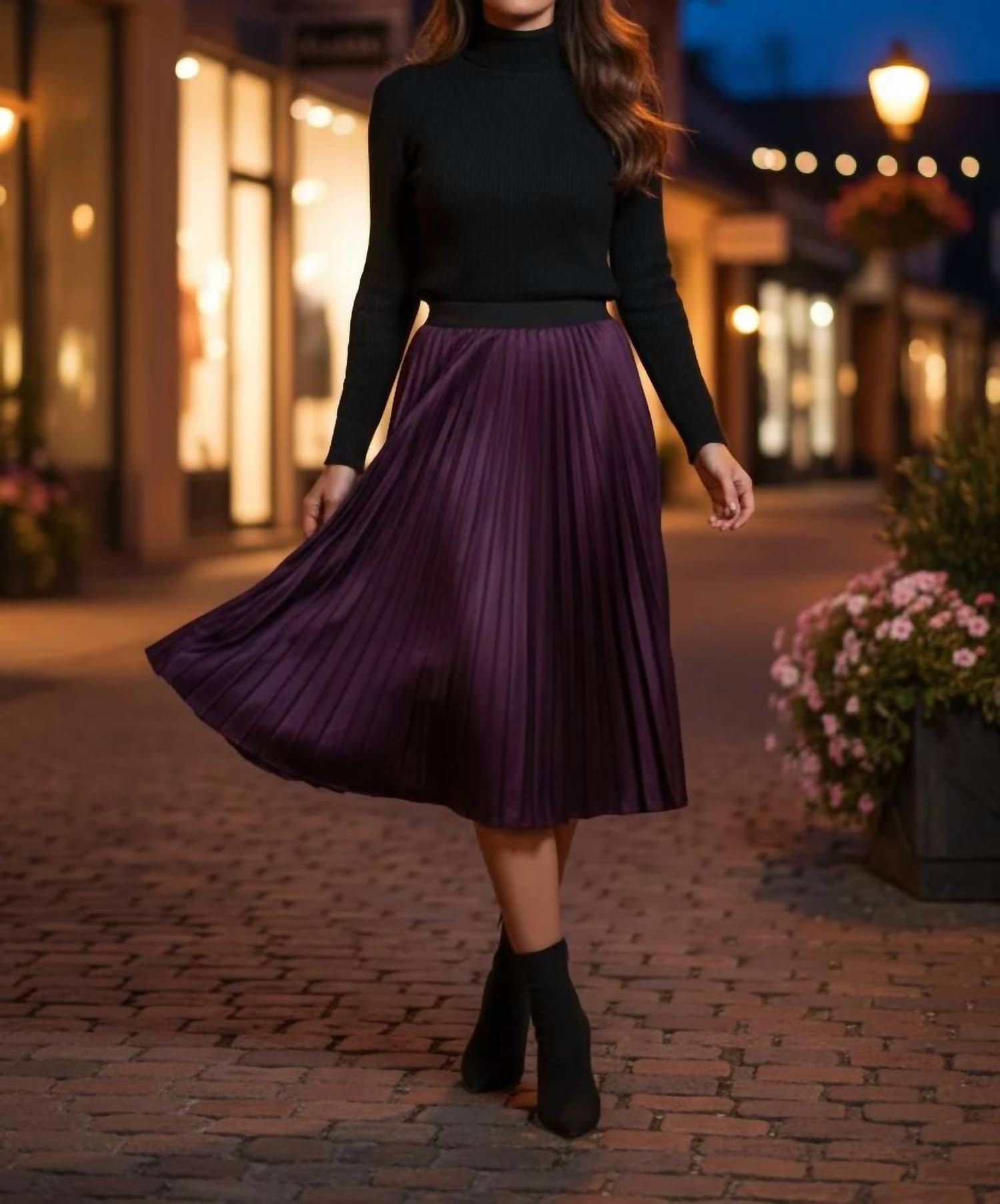 She + Sky - Women's Pleated Satin Midi Skirt