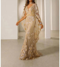 Terani Couture - Mother Of The Bride Wedding Cape Long Evening Metallic Dress