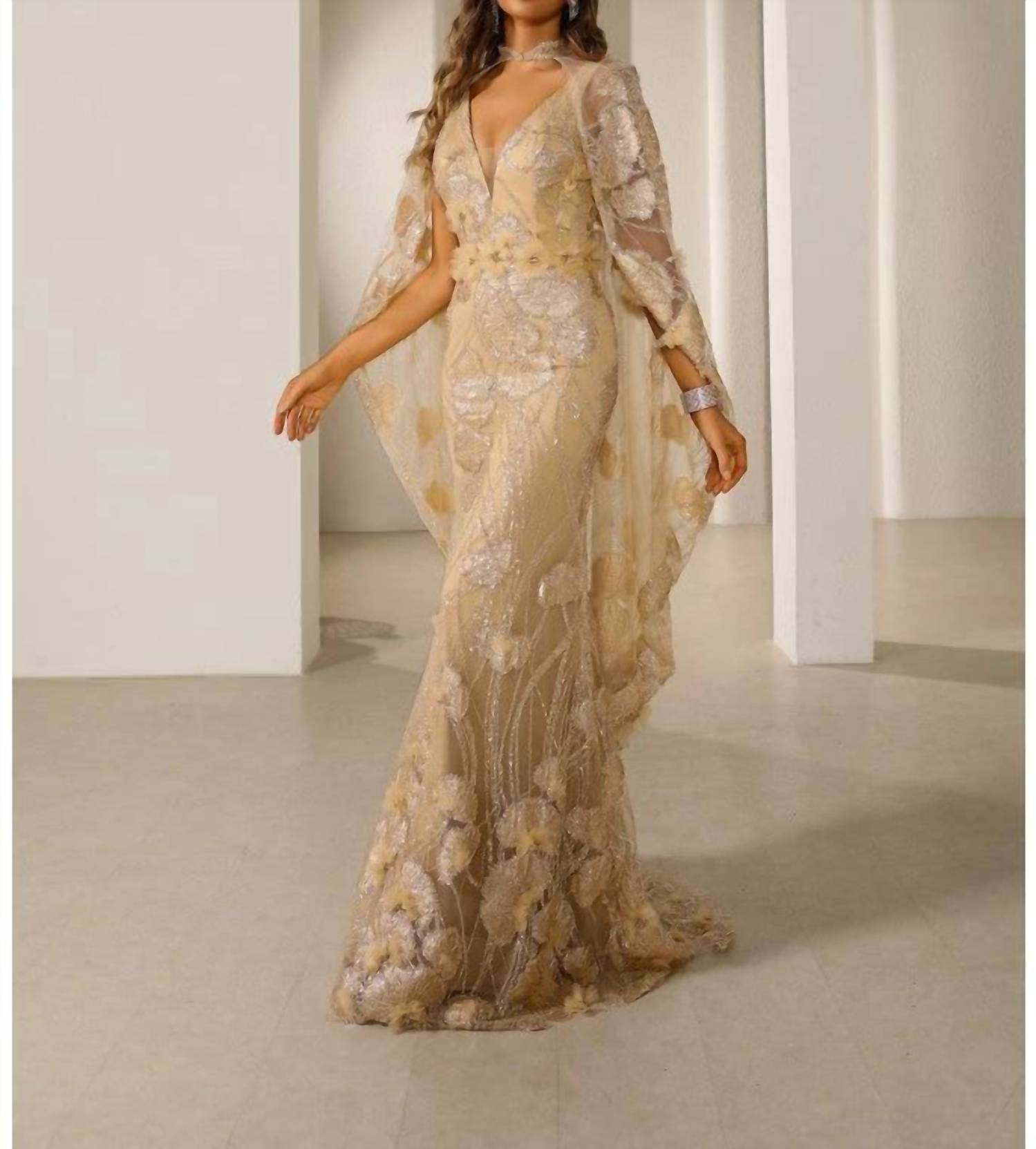 Terani Couture - Mother Of The Bride Wedding Cape Long Evening Metallic Dress