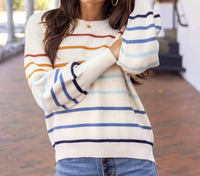 Grace and Lace Crew Neck Striped Sweater in ivory multi stripe - women's sweater - view 4