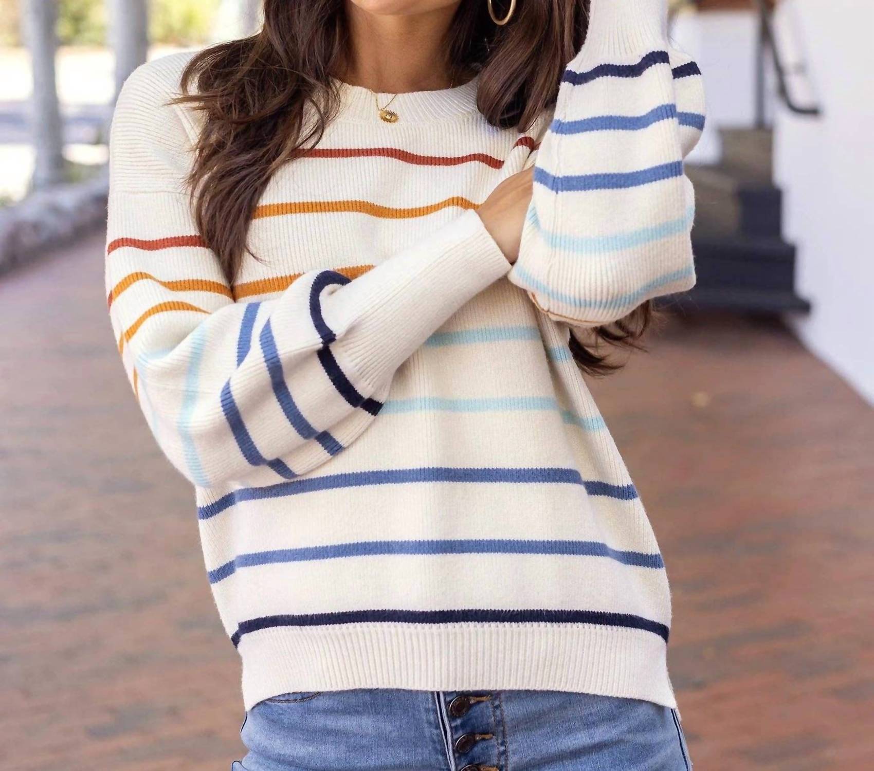 Grace and Lace Crew Neck Striped Sweater in ivory multi stripe - women's sweater - view 4