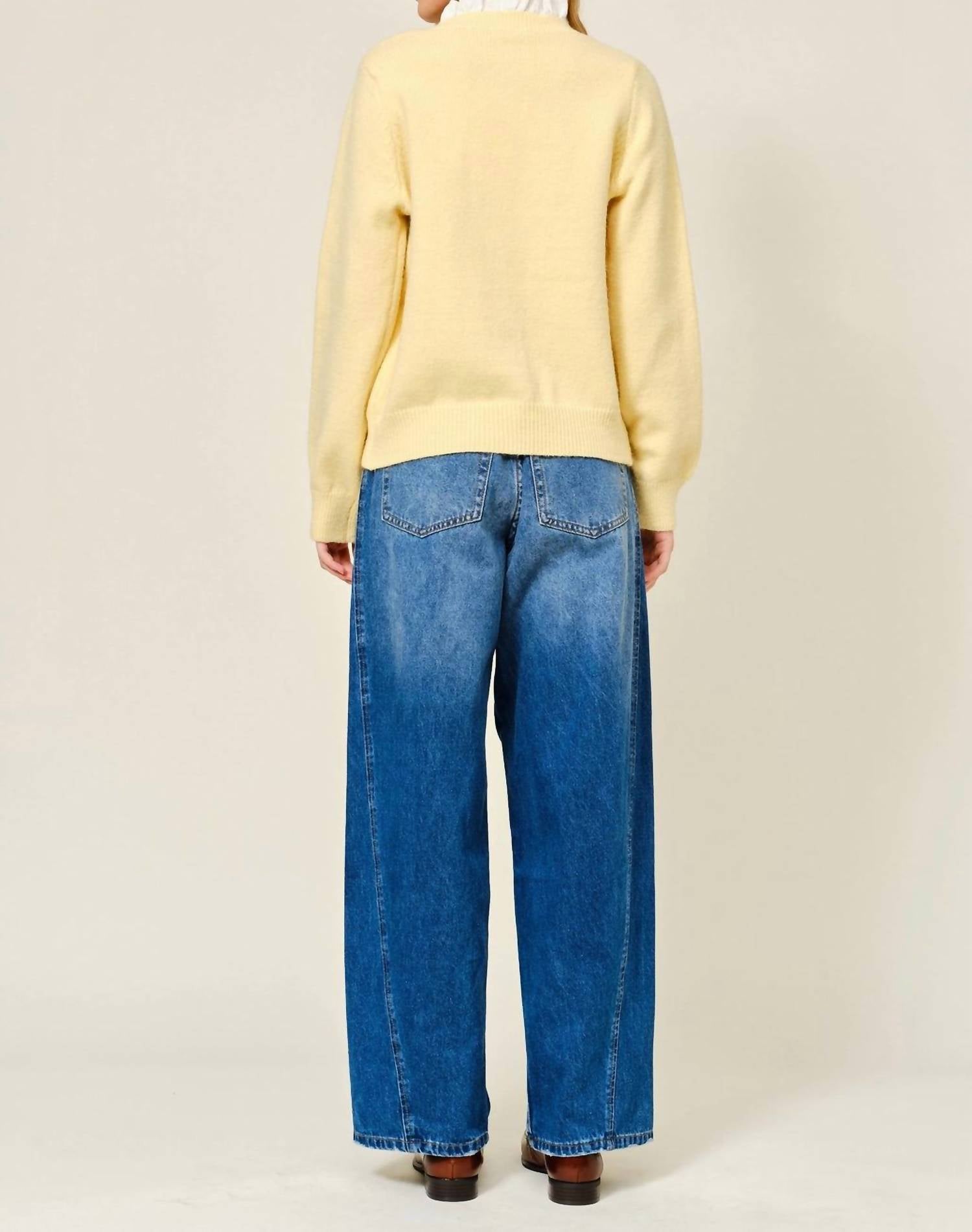 Aaron & Amber Ruffle Trim Long Sleeve Cardigan in yellow - women's cardigan - detail view